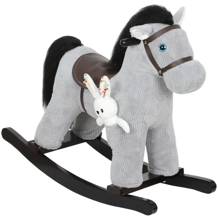 Cavallo a dondolo per bambini - AIYAPLAY - Effetti sonori, maniglia e bambola - Peluche - 71 x 26 x 55 cm - Grigio