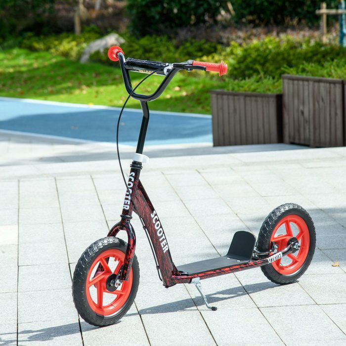 Patinete infantil - AIYAPLAY - Patinete para niños de 6 a 12 años, ruedas grandes de Ø 30 cm, freno, caballete - acero - rojo
