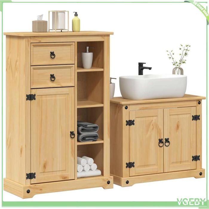 Ensemble de meubles salle de bain 2 pcs - Corona - Pin massif - Finition cire miel - Grand rangement