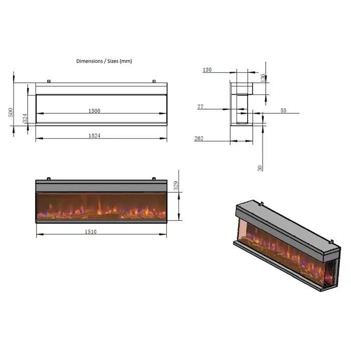 ARTE OPEN HAARD - 152 cm 3D Inbouw elektrische open haard met LED-vlameffect, programmeerbare verwarming en afstandsbediening