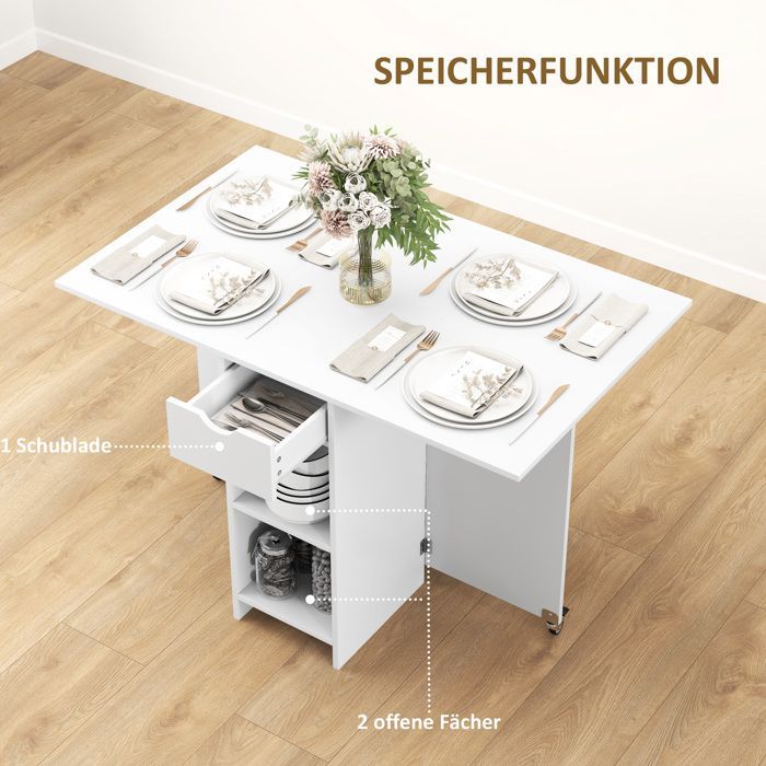 Table de salle à manger pliante Table de cuisine mobile pour 2 à 4 personnes avec plateaux ouverts, 1 tiroir, table pliante pour p