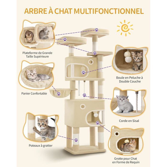 Arbre à Chat Hauteur 180 cm, avec 8 Griffoirs, 3 Plateformes, 2 Niches, Panier, Pompons, Convient Aux Chats de Toutes Tailles,Beige