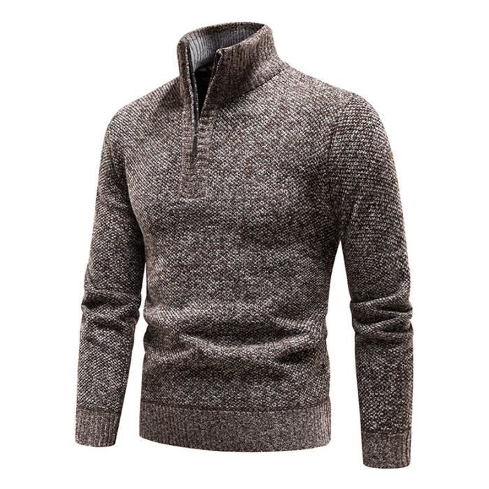 Maglione invernale da uomo con collo a zip, foderato in pile, pullover casual spesso e caldo, tinta unita - Caffè