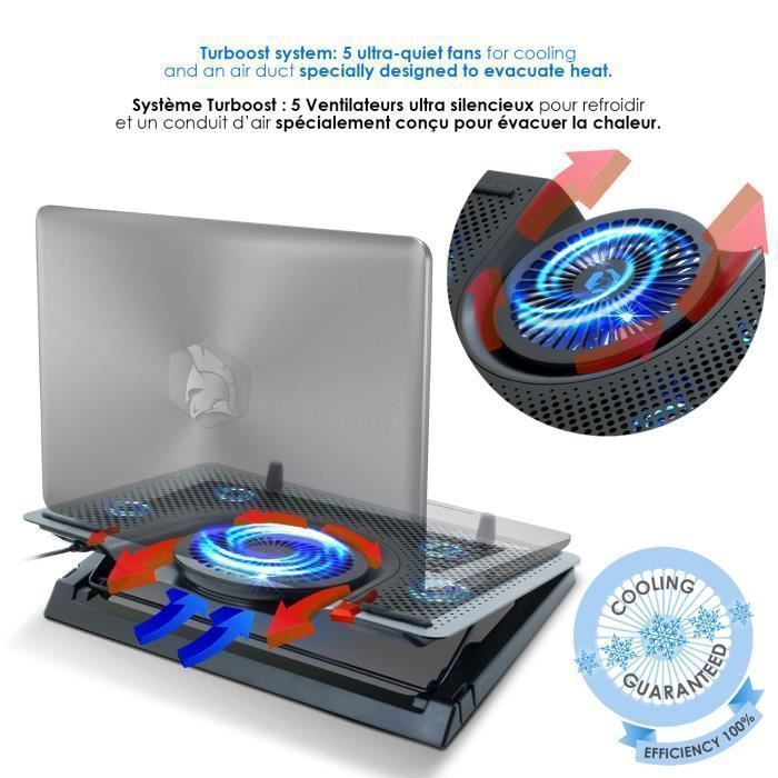 EMPIRE GAMING - Turboost Refroidisseur PC Ordinateur Portable Gamer en Aluminium - 5 Ventilateurs - Support ventilé 12 à 17 Pouces