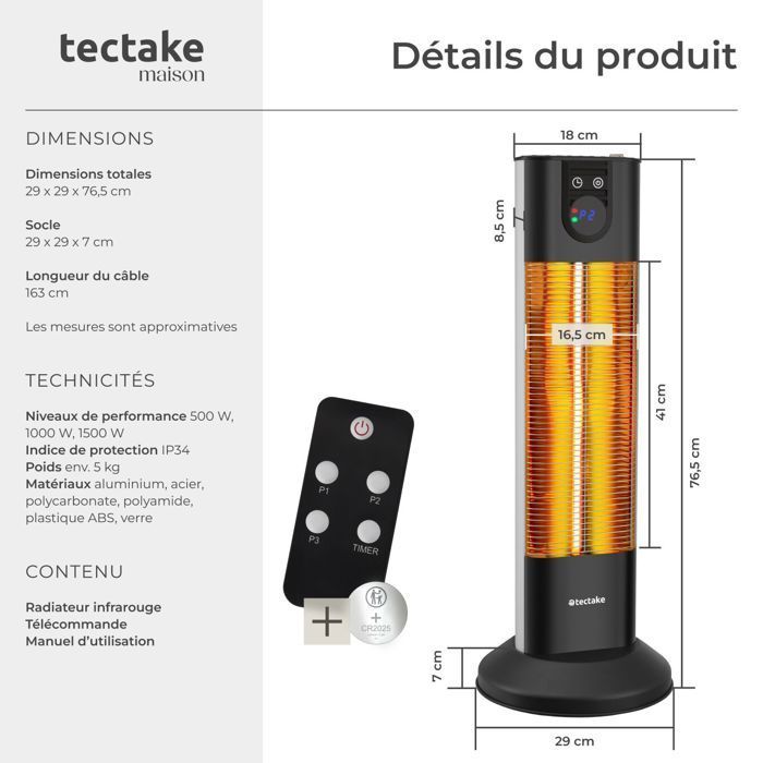 Riscaldamento per esterni - TECTAKE - Riscaldatore a infrarossi SOLARIS TERRA da 1500W con funzione timer e 3 livelli di potenza