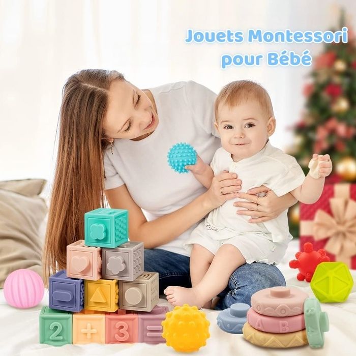 Giocattoli Montessori per neonati - Palla sensoriale - Cubo attività morbido - Regalo per neonati - Giocattoli educativi per lo sviluppo a 6, 9, 12 e 18 mesi
