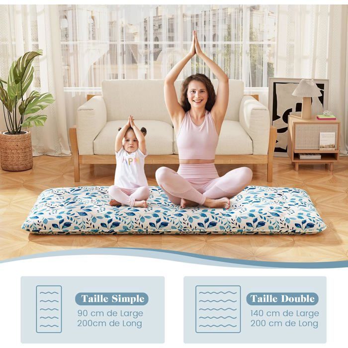 COSTWAY Matelas Futon 90 x 200 CM, Surmatelas Amovible Lavable, Matelas de Sol Portable avec Sac de Transport, Motif de Feuille