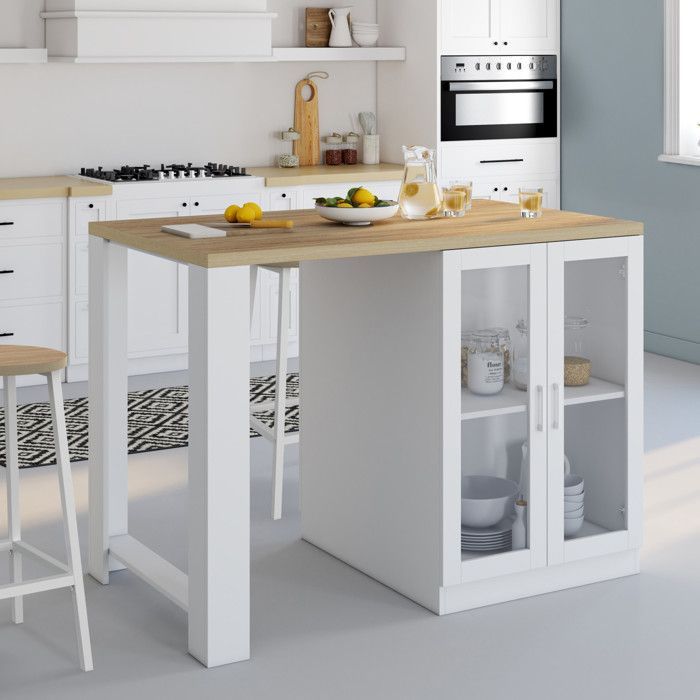Isla central IDMARKET LINO de 120 cm para 2 personas, madera blanca con encimera efecto haya y puertas de cristal.
