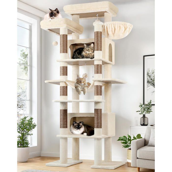 Cat tree - HOLISANE - 213 cm - Beige - 2 cubbies 50x30x30 cm - 8 sisal posts