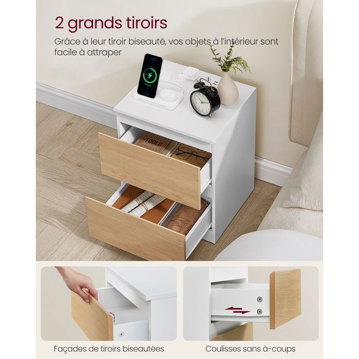 VASAGLE Lot de 2 Table de Chevet avec Multiprise, Table d'Appoint, 2 Tiroirs, 2 Prises CA, 2 Ports USB-A, Moderne, Jaune Amande