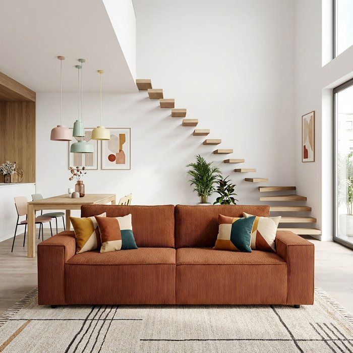 JOSH 4-seater fixed sofa - Terracotta corduroy - 241 x 86 x 88 cm