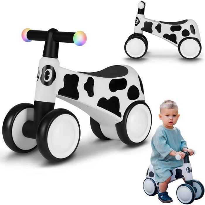 LIONELO Sammy Loopfiets - Kinderfiets - Kleurrijke Verlichting - 4 Wielen - 1-3 jaar (tot 30 kg) - Ergonomisch - Wit/Zwart