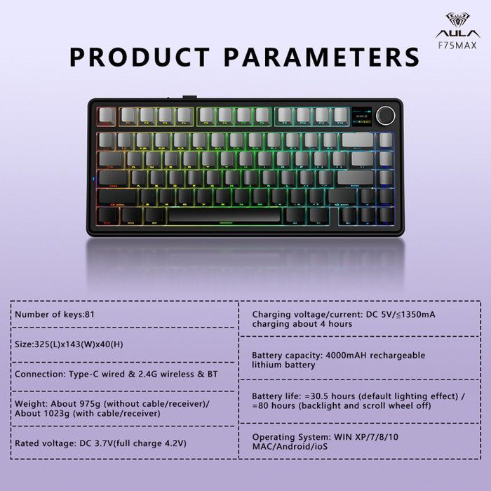 Tastiera meccanica da gioco wireless Aula F75 75% - 3 modalità, struttura a guarnizione, switch intercambiabili, tasti RGB - Blu ghiaccio