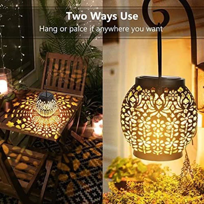 Farol solar para exteriores, juego de 2 luces solares LED para jardín, IP65, impermeable, luz blanca cálida, farol solar colgante.