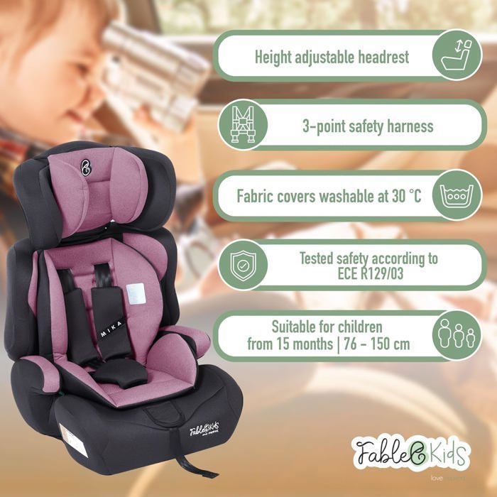 FableKids Siège auto pour enfants | Ceinture de sécurité à 3 points | Siège auto pour enfants 76-150 cm | Rose