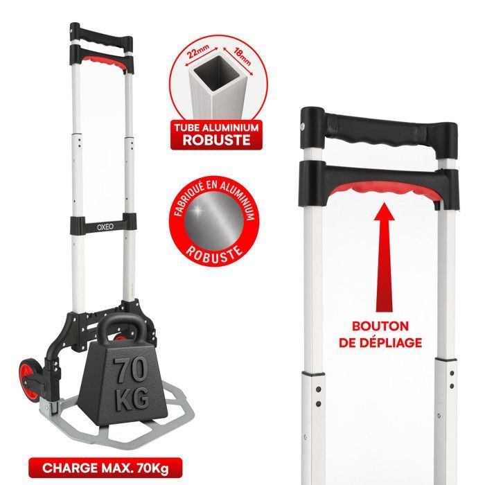 Opvouwbare steekwagen 70 kg - Aluminium - Antislip platform 39x23 cm - Hoogte 91 cm - Lekbestendige wielen met automatisch inklapsysteem