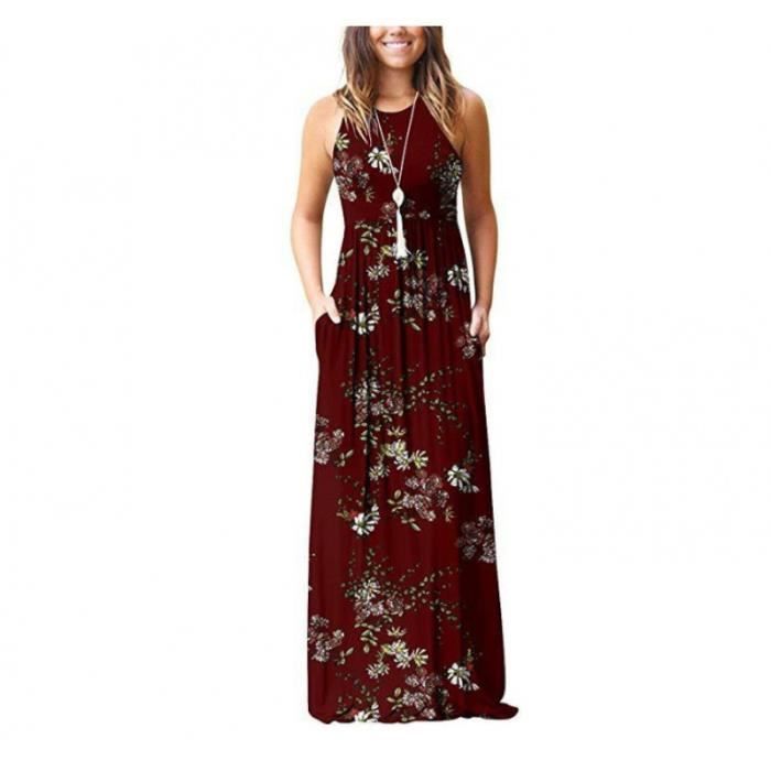 Robe Longue Femme Imprimé Sans Manches Col Rond Robe Ete Décontractée Avec Poches - Bordeaux