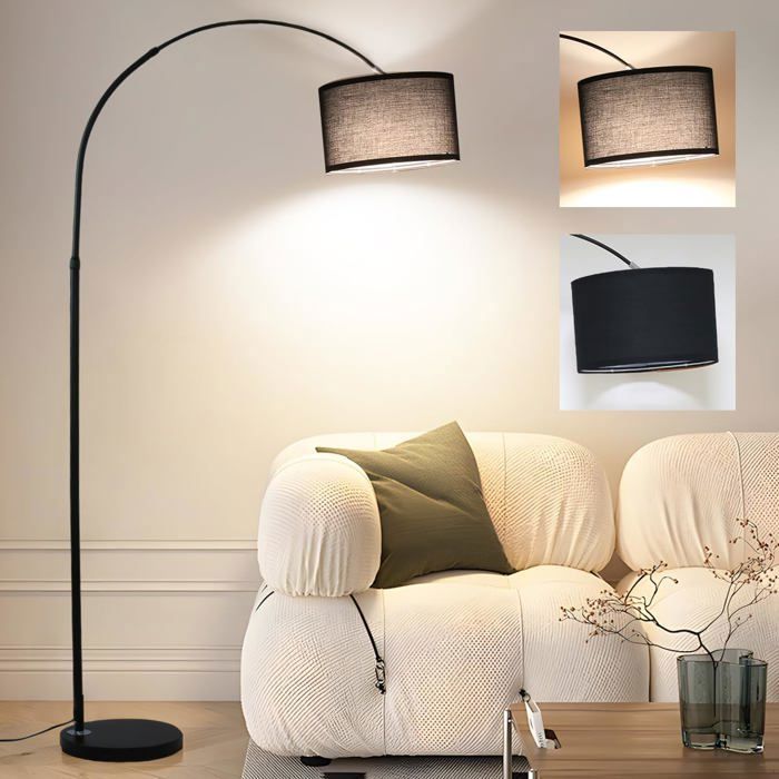 ANTENLICHT LUNA Lampadaire  Arc sur Pied - Ampoule LED E27 Incluse, Abat-jour Tissu 33cm Noir, Interrupteur au Pied, Pour Salon