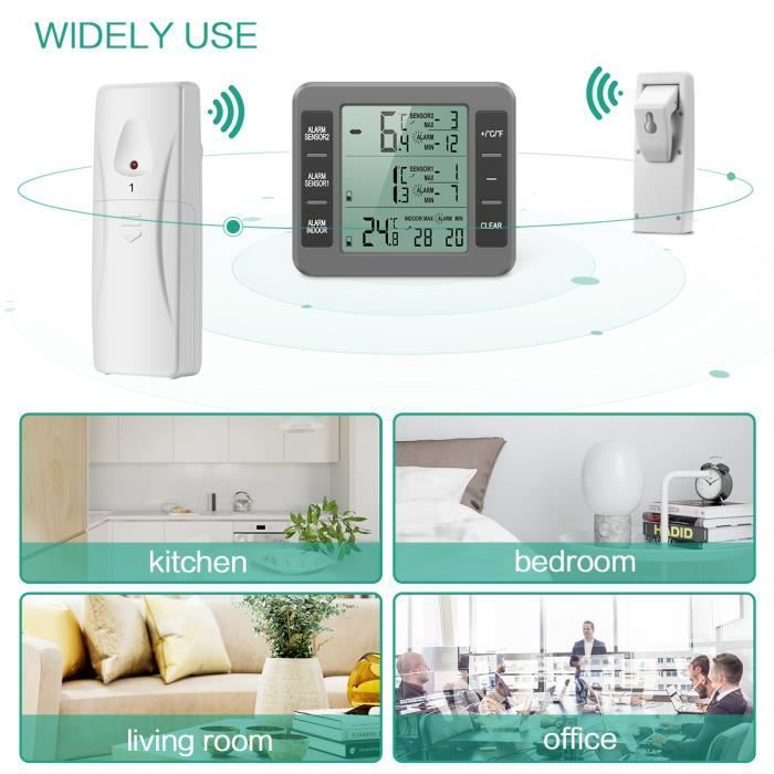 Kühlschrank-Gefrierschrank-Thermometer, kabelloses Kühlschrankthermometer mit 2 Sensoren, akustischem Alarm, Min/Max-Anzeige – Grau