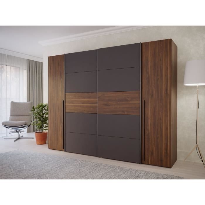 Armario NARAGO - Acabado en nogal Bakersfield y gris - 2 puertas correderas + 2 puertas batientes - 270 x 61 x 210 cm (ancho x profundidad x alto)