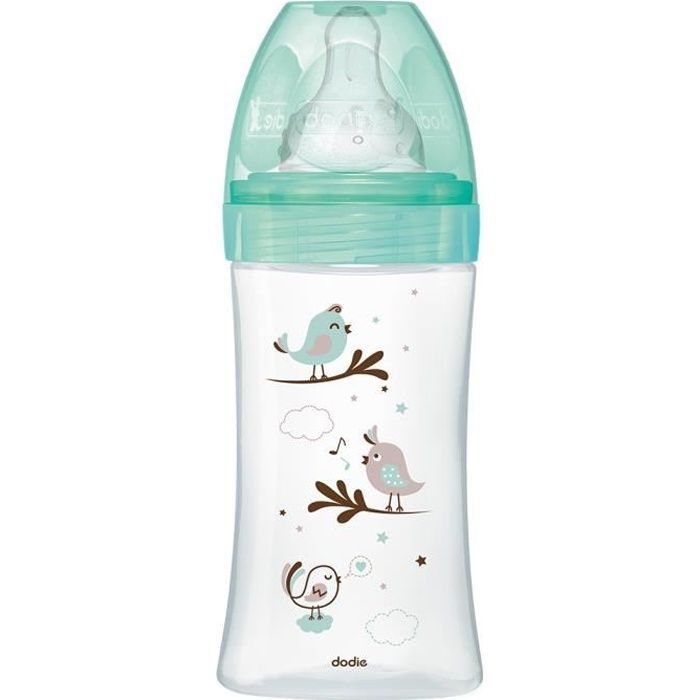 Biberon in vetro Dodie Initiation+ Anti-Colica a 3 velocità +0m Uccellini Verde 270ml