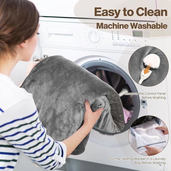 Manta eléctrica de 130x180 cm, con 6 niveles de calor, temporizador de 8 horas, protección contra sobrecalentamiento y lavable a máquina. Color gris.