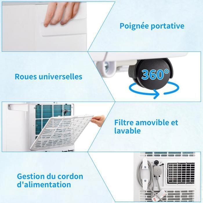 Aire acondicionado portátil de 10000 BTU con temporizador de 24 horas y control remoto.