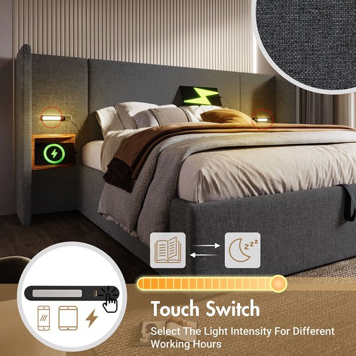 Lit rembourré double 180x200 cm avec dossier long, table de chevet, lampe de lecture, USB Type-C, coffre de rangement, lin, gris