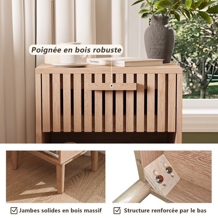 Lot de 2 Tables de Chevet,Table de Chevet avec Tiroirs,Meuble de Chevet,Chevet de Lit avec Pieds de table en bois,Couleur du bois
