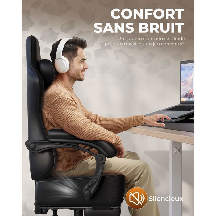 Silla gaming ergonómica, sincronizada, reposabrazos ajustables, cojines lumbares/para la cabeza, asiento de tela gruesa - Negra