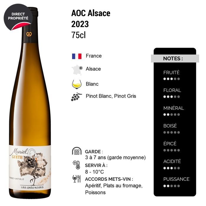 Domaine Gueth Alsace Terre Natale Les Grès Roses 2023 - Vino bianco dell'Alsazia (6x75cl)
