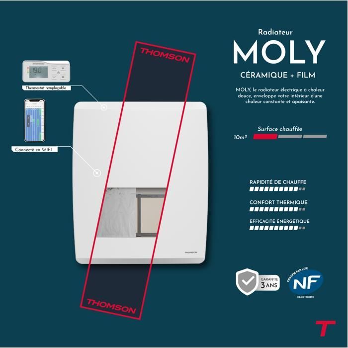 Radiador elétrico fixo com inércia seca - Núcleo de aquecimento duplo - THOMSON - MOLY 1000W - Conectado por Wi-Fi - horizontal branco - NF