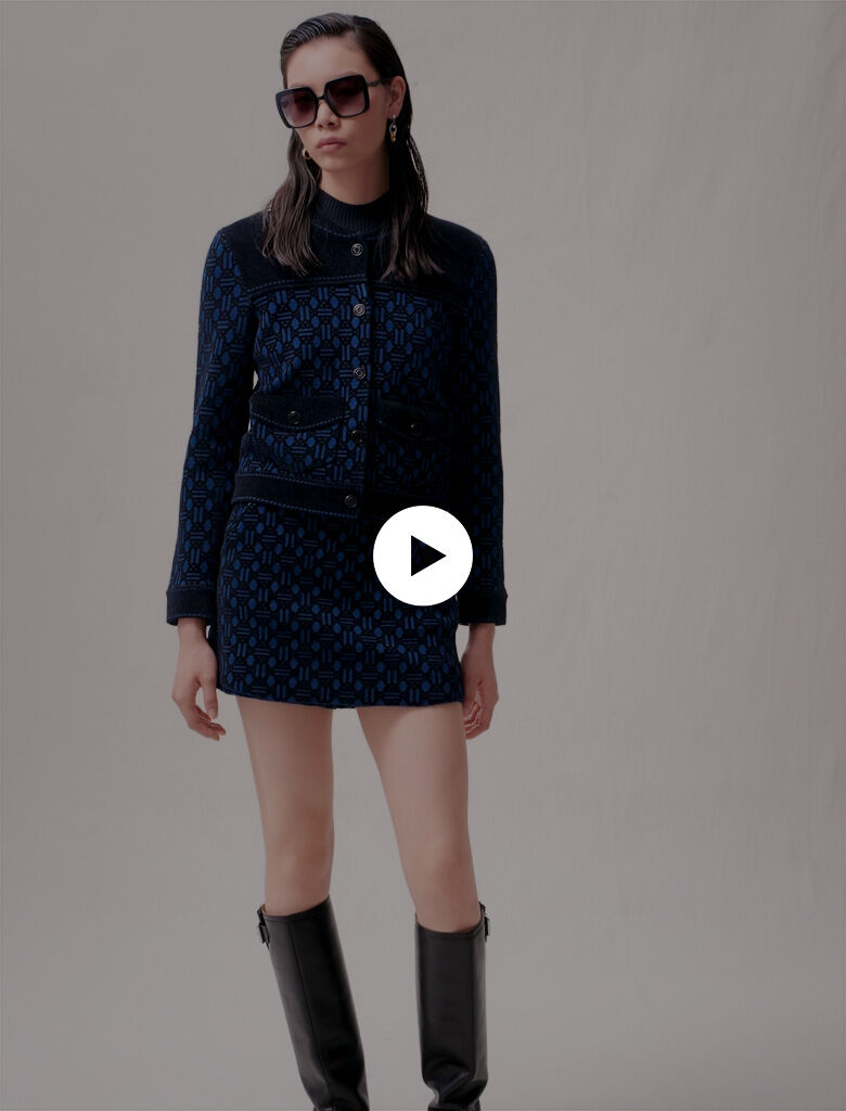 Korte jas van twee materialen - Blauw/zwart