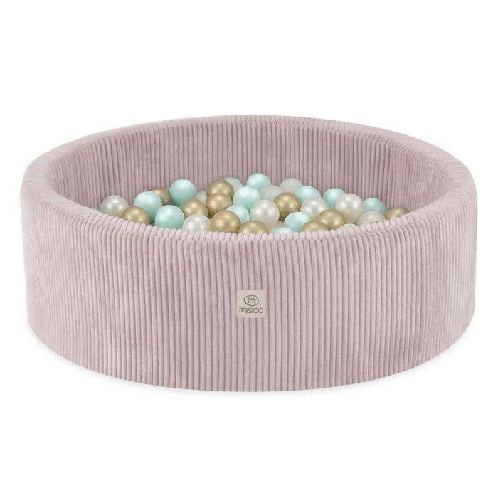 MISIOO Piscina di palline rotonda in velluto a coste per cameretta di neonati/bambini, rosa, 90x30 cm, 200 palline: menta/oro/bianco perla
