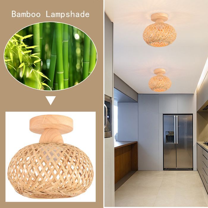 SNOGOLD Plafonnier Rétro en Bambou Cage Tissage Lustre Bohème Lampe de Plafond Vintage E27 Luminaire pour Chambre Restaurant