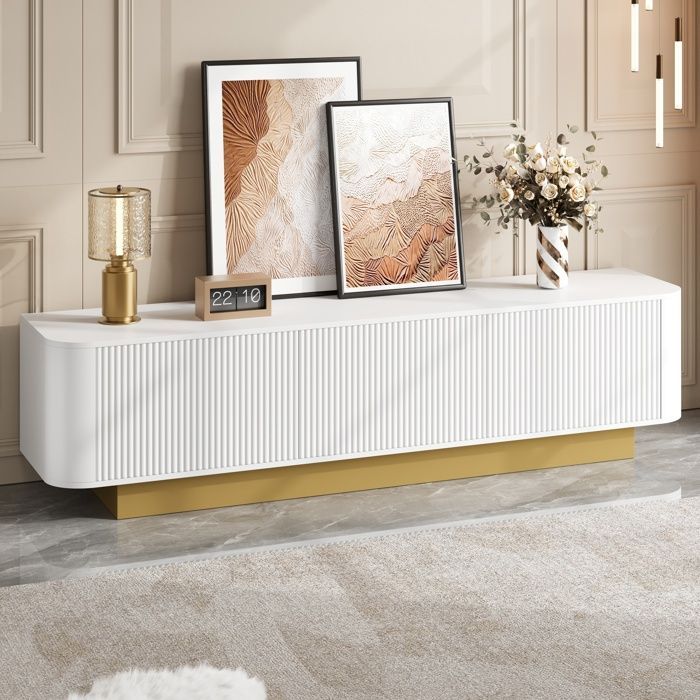 Mueble de TV moderno blanco de 170 x 40,5 x 47 cm. Mueble bajo para TV con 3 puertas de almacenamiento y estantes ajustables. Diseño redondeado.