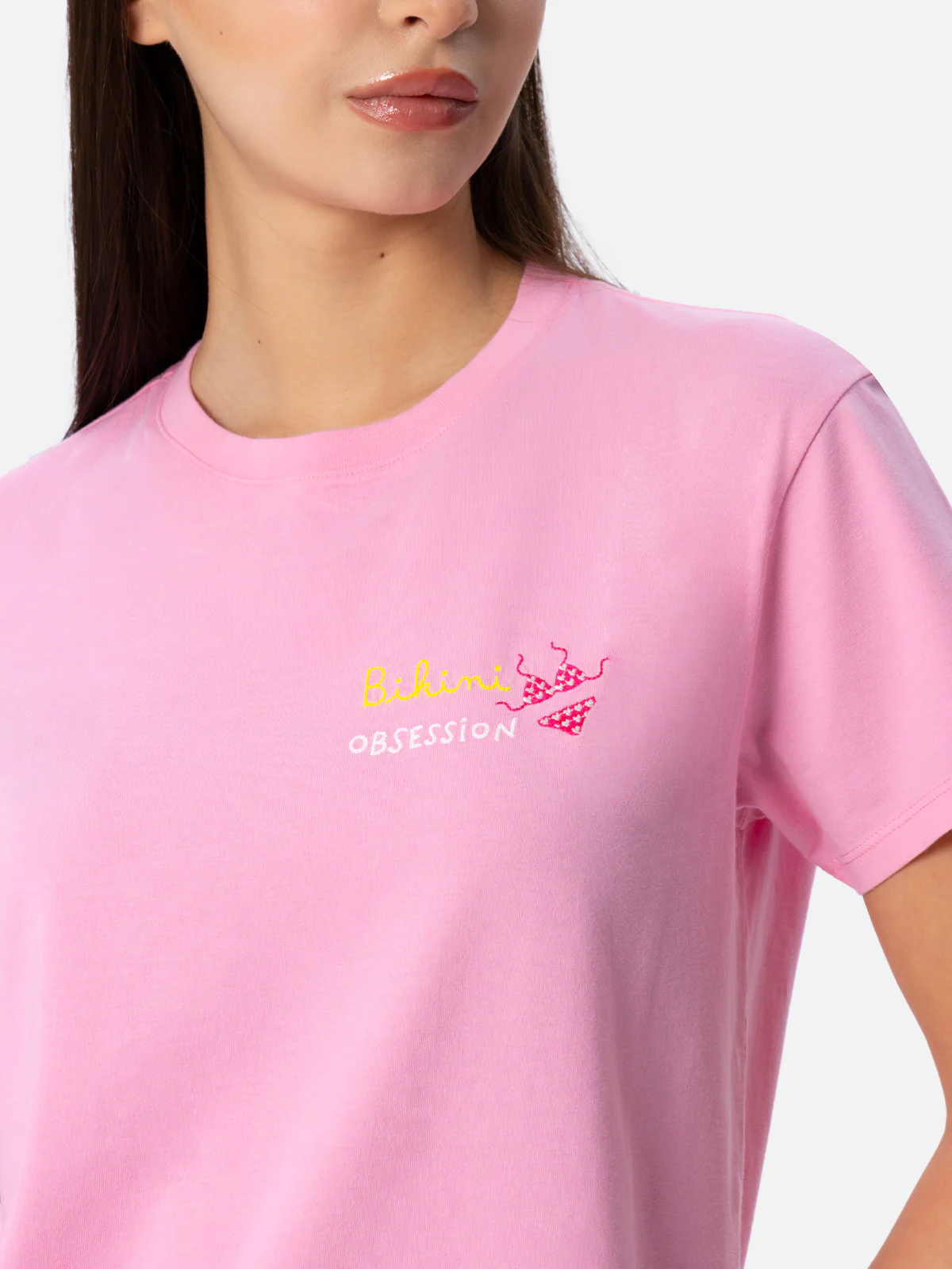 Emilie dames T-shirt met ronde hals van katoenen jersey met bikini-borduurwerk.