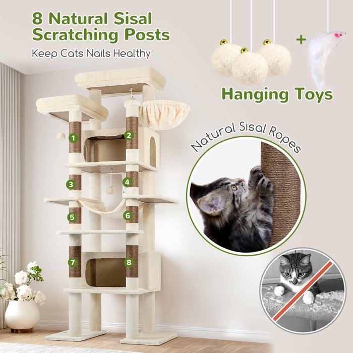 Cat tree - HOLISANE - 213 cm - Beige - 2 cubbies 50x30x30 cm - 8 sisal posts