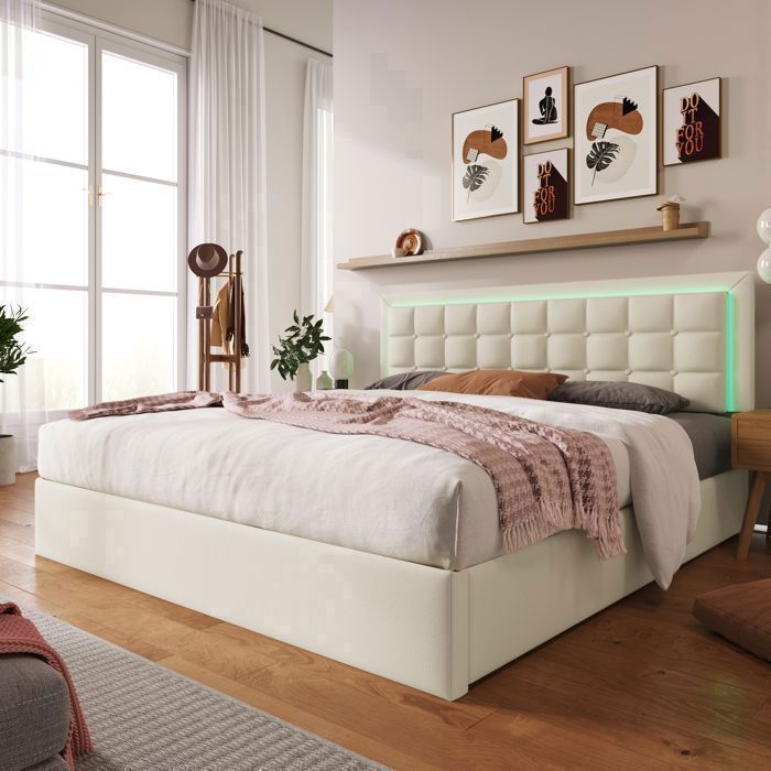 Letto matrimoniale con rete a doghe e contenitore integrato, materasso imbottito, lampada a LED inclusa, dimensioni 180x200 cm.
