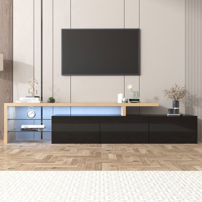 Elegante mueble para TV LED de madera negra con 3 puertas de alto brillo, estantes de cristal, soporte/aparador de diseño moderno para salón, 198x39x42cm