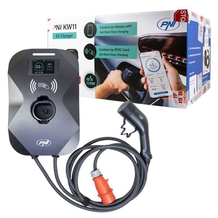 Chargeur PNI KW11 16A (11 kW) pour EV, 415 V, triphasé, type 2, écran 3,5
