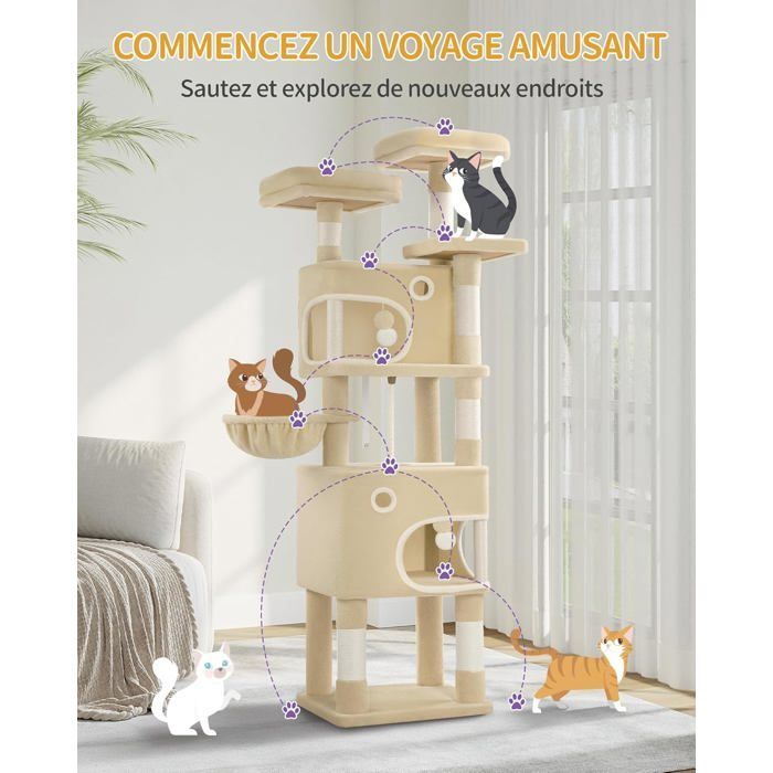 Arbre à Chat Hauteur 180 cm, avec 8 Griffoirs, 3 Plateformes, 2 Niches, Panier, Pompons, Convient Aux Chats de Toutes Tailles,Beige