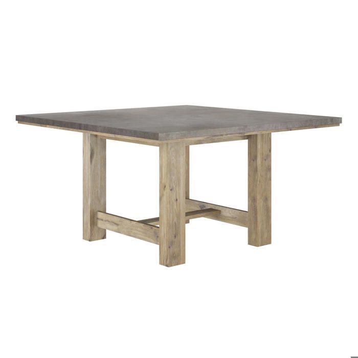 Tavolo quadrato con finitura effetto legno di rovere, finitura minerale e base in legno massello.