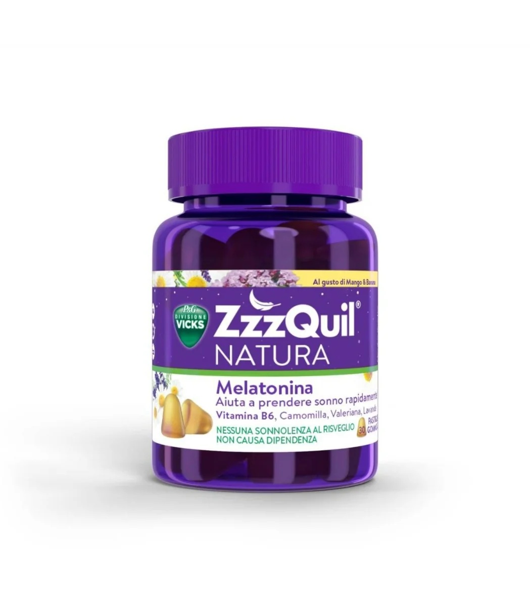 VICKS ZZZQUIL NATURA Vicks ZzzQuil Natura Mango- en bananensmaak 30 gummytabletten Voedingssupplement voor slaap en slapeloosheid