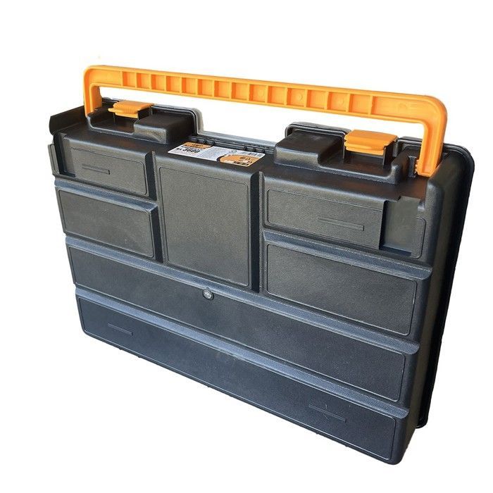 Professionelle Aufbewahrungsbox mit 23 herausnehmbaren Fächern, Schwarz und Orange, 44,3 x 31,7 x 8 cm, INTEC