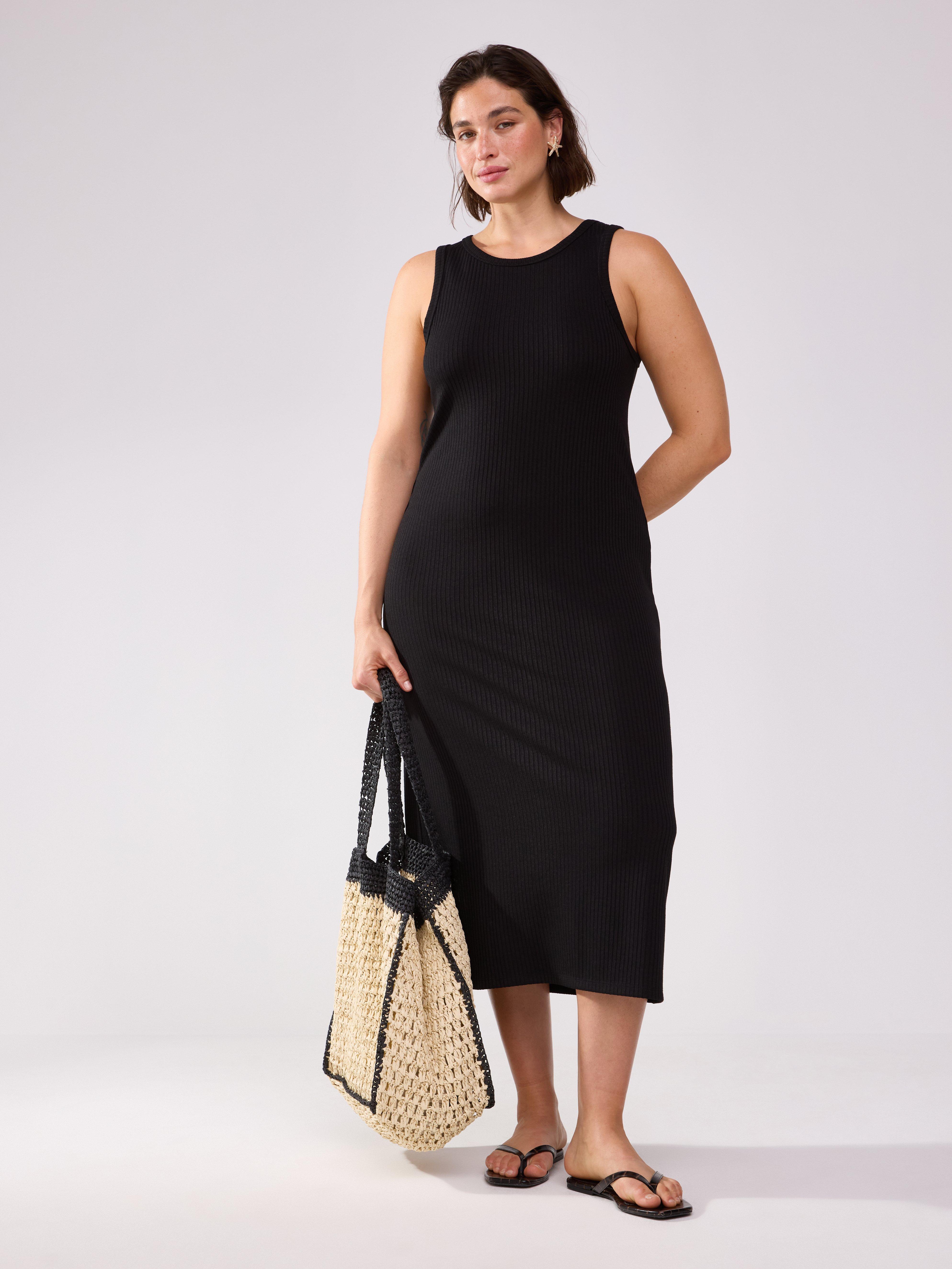 Vestido midi canelado preto