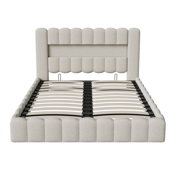 Cama con almacenamiento - PERGAR - 180 x 200 cm - Lino beige - Base de láminas incluida - Almacenamiento USB y LED