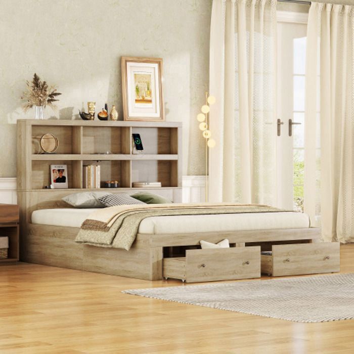 Cama MODFU con cajones, cama para adultos, cama doble de 160 x 200 cm con 2 cajones, cabecero con 6 compartimentos de almacenamiento, color natural.