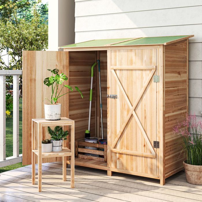Gartenhaus aus Holz – Outsunny – mit abnehmbarem Doppeltisch, wasserdichtem Asphalt-Dach, Schlössern – Naturholzoptik