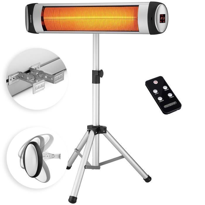 Calefactor radiante infrarrojo plateado de 2500 W con trípode y mando a distancia - Calefactor de exterior con 3 niveles de potencia